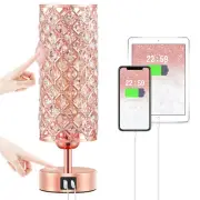 Crystal Table Lamp, Rose Gold Lamp with USB C+A Ports, 3 Way Dimmable Touch L...