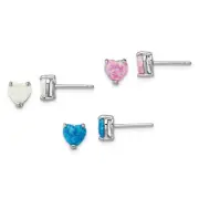 Avariah Sterling Silver Rhodium-plated Created Opal Set of 3 Heart Earrings