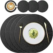 Round Silicone Placemats (34cm) and Coasters (10cm) Set of 4, Heat-Resistant 450 °F, Non Slip Washable Place Mats for Home, Hotel, Kitchen, Indoor, Outdoor Glass Dining Table, (Black)