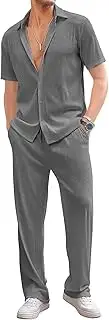 [Maiyifu-GJ] Men's 2 Piece Shirt Set Summer Casual Beach Outfits Cotton Button Short Sleeve Shirts Drawstring Loose Pants Sets (Grey,3X-Large), Grey, 3X-Large, Grey, 3X-Large