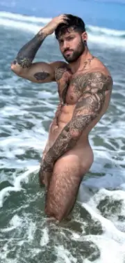 [B740] Handsome Male Cute Model Showing Off Body And Muscles On Beach Water