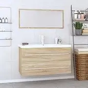 Modern 3 Piece Sonoma Oak Bathroom Vanity Set with Wall-Mounted Sink Cabinet, Mirror & Built-in Overflow White Ceramic Basin - 90cm Cabinet for Space-Saving, Durable Bath Furniture
