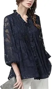 [Generic] Women Lace Top Embroidered Plus Size Cover Belly Seven Sleeves Spring Summer Shirts