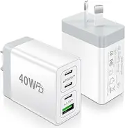 USB C Charger, 2 Pack Total 40W PD 3.0 Fast Charger AU Plug, 4 Port Multi USB C Wall Charger Compatible with Samsung Galaxy S22,S21,Note 10 9,S10, iPhone 12 13 14 15 16 Pro Max XR 8 (2-Pack White)