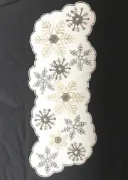 Nicole Miller Graphite Silver White Snowflake Beaded Table Runner Christmas 36"