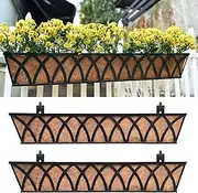 LaLaGreen Railing Planter Box (2 Pack, 36") Black Metal Rectangular Window Boxes for Outdoor Plants, Large Wall Hanging Planters with Coco Liner Modern Garden Fence Horse Troughs Patio Porch Decor