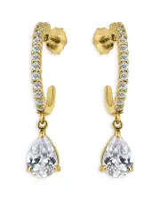 Aqua Cubic Zirconia Pear Shape Charm Pave Half Hoop Earrings in 18K Gold Plated Sterling Silver - Exclusive