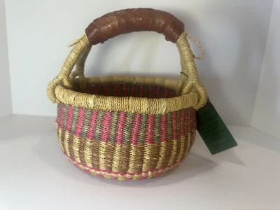 NWT Bolga Basket Hand Woven Elephant Grass Ghana Round Leather Handle Pink Green