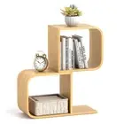 S-Shaped Bookcase Bamboo Bookshelf with 2 Cubes Geometric Corner Display Shelf