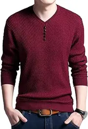[Gsywaipei] Men's Solid V Neck Knitted Pullover Casual Long Sleeve Male Knit Sweater Slim Fit Wool Knits Sweaters, Red, 3X-Large