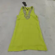BCBG Max Azria Silk Tunic Top Womens XS Chartreuse Green Floral Embellished Boho