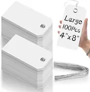 [SKLENICE] 100 Large White Plastic Tags - 4x8 inch, Heavy Duty, Waterproof, Writable, Blank, Reinforced Holes for Luggage, Garage, Inventory, Car Parts