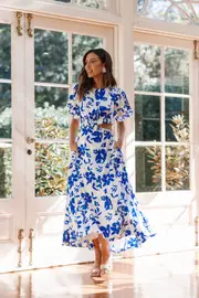 [PUP56] Aminah Puff Sleeve Dress - Blue Floral XS Blue