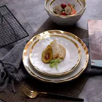 在飛比找Yahoo!奇摩拍賣優惠-歐式陶瓷鍍金西餐牛排盤創意菜盤子圓形水果平盤沙拉盤家用餐具楊