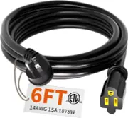 HUANCHAIN 14 Gauge 6 Feet Flat Plug Extension Cord Black Indoor Outdoor, Heavy