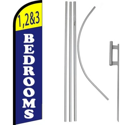 1,2 & 3 Bedrooms Yellow / Blue Windless Banner Flag & 16ft Flagpole Kit /Ground