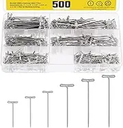 Mardatt 500Pcs 6 Sizes Stainless Steel T-Pins Set with Plastic Storage Box, I 1-1/4" 1-1/2" 1-3/4" 2" 2.1" Wig T-Pins Wig Pins Sewing Pins Long Straight Pins for Blocking Knitting Sewing Modelling