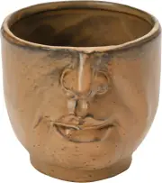 Bloomingville Stoneware Planter with Face Design and Reactive Glaze, Matte Brown