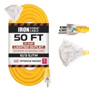 50 Foot Lighted Outdoor Extension Cord with 3 Electrical Power Outlets - Yellow