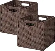 11 Inch Wicker Cube Storage Bins,Hand-Woven Paper Rope Storage Baskets, Set of 2, Foldable Square Storage Basket with Handles for Shelves, Closets, Home,Pantry, and Living Room (Dark Brown, 2 Pack)