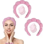 Spa Headbands for Washing Face Facial Sponge Makeup Skin Care Headband Wristband Set Towel Bubble Soft Sponge Hairband for Women Girls Puffy Winter Non Slip Thick Thin Hair Accessory（Hot pink 2 Pack）