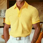 Men's Polo Shirt Waffle Polo Shirt Casual Holiday Lapel Ribbed Polo Collar Short Sleeve Fashion Basic Plain Button Soft Summer Spring Regular Fit White Yellow
