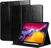 Cavor Crazy Horse Leather Case for New iPad Pro 12.9 inch 2021/2020/2018 2nd/5th/4th/3rd Generation Apple Pencil Wireless Charging+ Kick Stand Shockproof Case Back Cover-Black