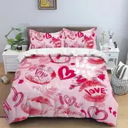 v2865 Bed Sheets piece matte polyester bedding set, skin friendly, warm, comfortable, warm pink surface, red lip print with a heart pattern 3-Piece B