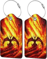 Richugui Fire Breathing Angry Dragon Flame Background 2 Pack PU Leather Luggage Tags for Suitcase,Luggage Tag with Privacy Flap, Name ID Label for Women Men Luggage Handbag School Bag Backpack