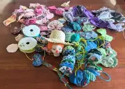 Vintage 70s 80s Yoyo Cotton Quilt Blocks Doll Project Head Hat Cords Pieces Lot