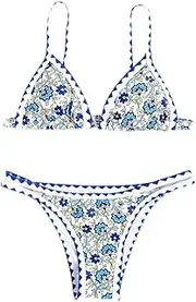 [WDIRARA] Women's Ditsy Floral Print Cut Out Thong Micro Bikini Set 2 Piece Swimsuits Spaghetti Strap Bathing Suits, Multi Blue, Large