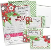 Baby Shower Invites for Girls – Little Lady Bug Baby Shower Invitation Bundle with Diaper Raffle Tickets, Book Request Cards & Envelopes. Set of 20 5X7 Ladybug Theme Invitation Kit Sets