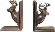 Unique Bookends Elegant Deer Head Bookends - Brown Resin Book Holder for Shelves - Unique and Decorative Heavy Book Rack and Stoppers Antique Decor