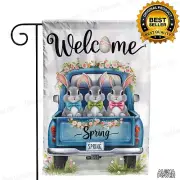 Welcome Bunnies in Blue Truck Easter Spring Garden Flag Home Yard Decoration