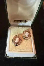 Vintage 12K Yellow Gold Filled Cameo Shell Earrings with Box