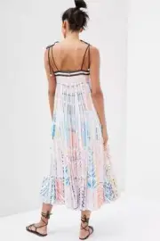 Geisha Designs Pleated Midi Dress Anthropologie Shoulder Tie Patchwork Sz L NEW