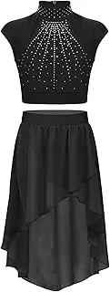 [TiaoBug] Girls 2Piece Lyrical Dance Costume Kids Modern Contemporary Dancewear Rhinestones Crop Top Mesh Tulle Leotard Skirt
