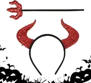 Red Glitter Devil Horns - Devil Costume Accessories With Pitch Fork,Cute Halloween Devil Ears Headband For Costume Decoration