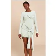 Sage Slinky Long Sleeve Wrap Twist Detail Mini Dress, Sage