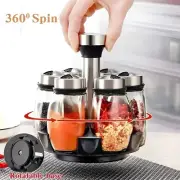 7pcs Spice Jar Set Rack Glass Organizer Rotating Kitchen SeasoningStorage Holder