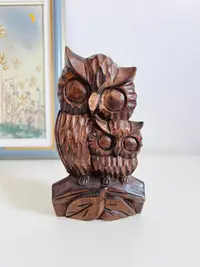 在飛比找Yahoo!奇摩拍賣優惠-日本中古 實木手工木雕貓頭鷹招財置物擺飾