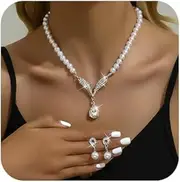 [Girlssory] Pearl Bride Wedding Jewelry Set Pearl Bridal Necklace Bracelet Earrings Sets Rhinestone Choker Necklace Prom Costume Jewelry Set for Brides Bridesmaid