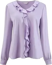 [Hobemty] Women's Elegant Satin Top Ruffle V Neck Long Sleeve Office Work Dressy Shirt Top