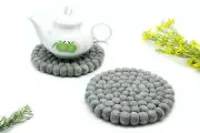 Natural Grey Round Wool Felted Ball Trivet Handmade From Pure Wool