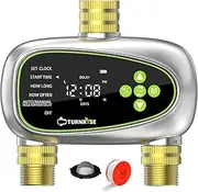 TURNRISE Water Timer 2 Outlets, Digital Sprinkler Timer for Irrigation with Brass Inlet and Outlet, Rain Delay/Manual Watering/Automatic WateringTimer Programmable TapTimer for Garden