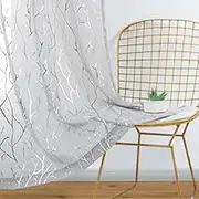 Kotile Voile Net Curtains 90 Drop - Grey Sheer Curtains Eyelet Top Printed with Silver Foil Branch Tree Pattern Window Curtain Panel for Bedroom, 66 x 90 Drop, 1 Pair (2 PCs)