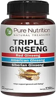 Pure Nutrition Triple Ginseng - Unique and Effective Combination of Red Ginseng, American Ginseng, and Siberian Ginseng | 790mg Capsule | 120 Veg Caps Pack