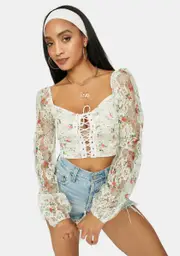 A Girls World Sheer Floral Lace Crop Top