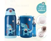 Children'S Stainless Steel Water Bottle With Straw Insulated Thermos Vacuum 5 Wall Thermos, Animal Flask Travel Mug For School Lunch-Blue