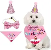 SZMEINANZI Dog Birthday Bandana Set, Party Hat, Neckerchief, Ties, Accessory With Headwear Costume for Cats and Dogs (Pink)